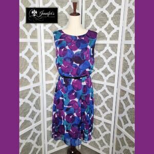 Liz Claiborne Purple Blue Circle Pattern Sleeveless Belted Dress Size 14